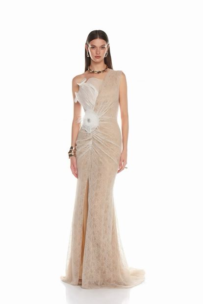 Kemik Volan Detaylı Tek Omuz  Abiye Elbise